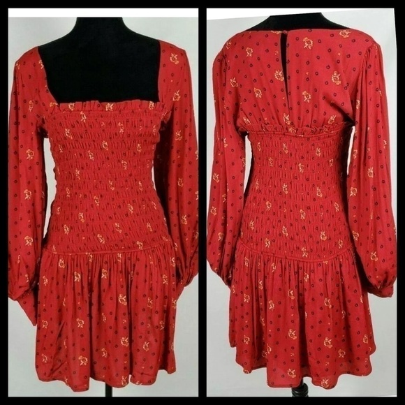 Free People Ruby Red Floral Mini Long Sleeve Dress - Picture 2 of 3
